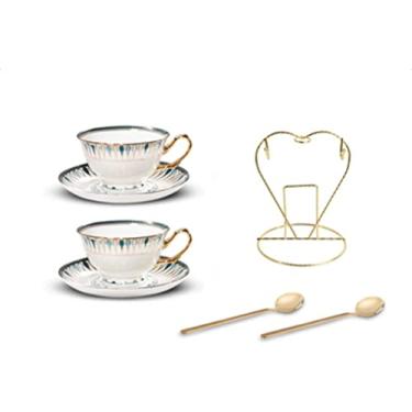 Imagem de Conjunto de chávenas de chá estilo europeu conjunto de xícaras de chá de luxo leve conjunto de xícaras de café britânico com colher e pires copo de leite expresso (cor: azul, tamanho: 2 peças) (rosa +