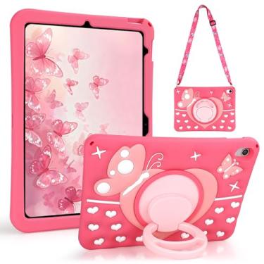 Imagem de VOFUOE Capa de silicone macio para iPad 9ª/8ª/7ª geração, com alças de ombro, suporte giratório de 360° em forma de coração, estampa de borboleta, para iPad 10.2 2021 2020 2019 - rosa