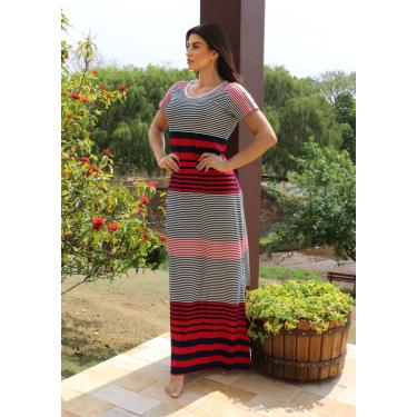 Imagem de Vestido Longo Pau a Pique Listrado Vermelho e Azul Marinho