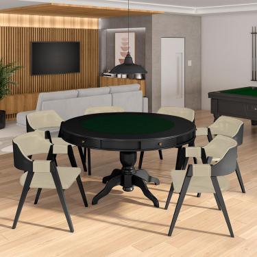 Imagem de Conjunto Mesa de Jogos Carteado Bellagio Tampo Reversível e 6 Cadeiras Madeira Poker Base Estrela PU Bege/Preto G42 - Gran Belo