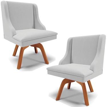Imagem de Kit 2 Poltronas Decorativas Base Giratória de Madeira Firenze Linho Cinza/Natural - Gran Belo