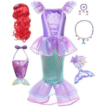 Imagem de GZ-LAOPAITOU Vestido de sereia para meninas, fantasia de sereia, Halloween, festa de aniversário, roupas com acessórios para peruca, Roxo - 01, 4-5 Anos