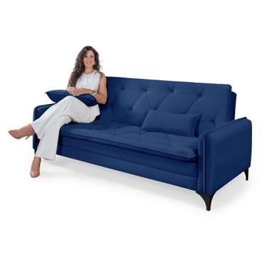 Imagem de Sofá Cama Yara Reclinável Casal Premium Revestimento em Suede Sala De Estar Casa Imperial Cor Azul Marinho