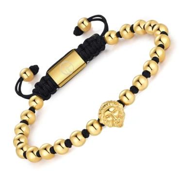Imagem de WP WEPICK Pulseiras masculinas de ouro banhado a ouro 18 quilates de aço inoxidável cabeça de leopardo olho de tigre contas de ônix pretas feitas à mão pulseira masculina ajustável presente de