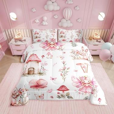 Imagem de Erosebridal Jogo de cama solteiro de jardim de fadas - Conjunto de edredom com borboleta floral de cogumelo para crianças, meninas, colcha de coelho de flor rosa | decoração de quarto de fadas com
