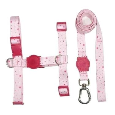 Imagem de Coleira Peitoral H Anti - puxão para cachorro com Guia e trava de segurança(Rosa BB Estrelinha,GG)