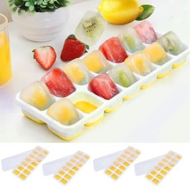 Imagem de Conjunto de 4 bandejas de gelo com tampas, 14 grades, cada molde empilhável de silicone de liberação fácil para uso na cozinha no freezer (amarelo)
