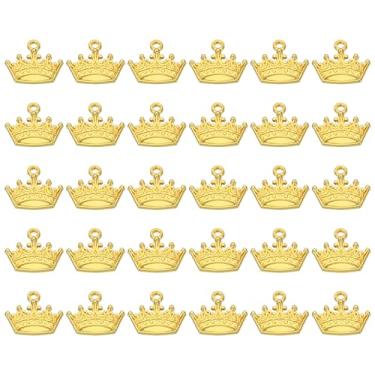 Imagem de Pingente de coroa, 60 peças mini pingente de coroa pingente de metal a granel vintage designer faça você mesmo para fazer joias, pulseiras, brincos, colar, artesanato de casamento, Queen, tom dourado