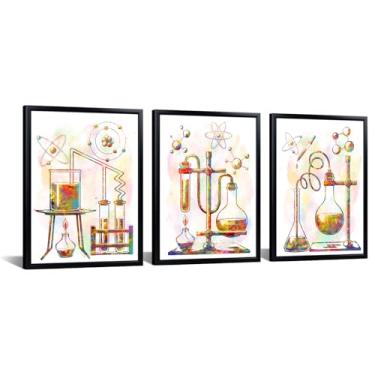 Imagem de KREATIVE ARTS Conjunto de 3 peças de arte de parede em tela de laboratório de ciência, moldura preta, química, física, sala de aula, impressões, equipamentos de laboratório, coloridos, para