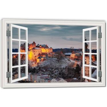 Imagem de Impressão em tela de ilusão de janela falsa com luz quente, arte de parede com vista panorâmica real para sala de estar 50 x 75 cm emoldurada