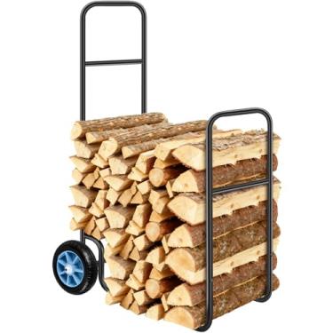 Imagem de Meyoppm Carrinho de lenha com rodas de borracha pneumática, capacidade de carga de 113 kg, carrinho de lenha adequado para madeira móvel interna e externa (preto)