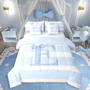 Imagem de Erosebridal Jogo de lençol kawaii, solteiro, monograma, letra E, com laço azul, 7 peças, para crianças, adolescentes, adultos, mulheres, quarto, personalizado, com inicial listrada