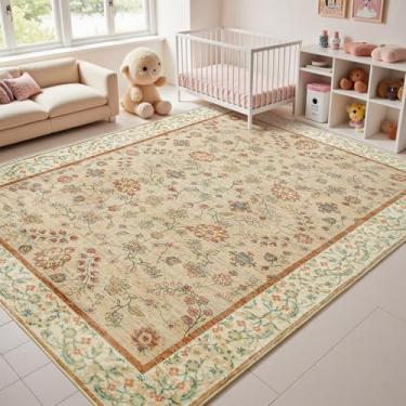 Imagem de Goideal Tapete floral para sala de estar, 20 x 25 cm, bege, lavável, antiderrapante, boho com forro de borracha para quarto, cozinha, banheiro, sala de jogos, entrada, escritório, bege