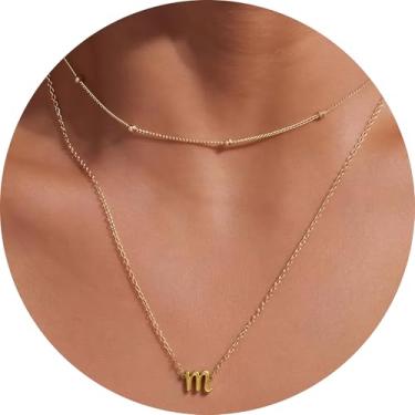 Imagem de Colar feminino com inicial em camadas, pingente de letra A-Z, gargantilha de corrente dupla, joias delicadas em camadas, estilo minimalista, 14+2in/16+2in, Aço inoxidável, Sem Pedra Preciosa