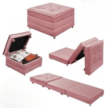 Imagem de Puff Baú Quadrado MDF Com Rodinhas Vira Cama Colchão Solteiro Confortável e Moderno (Rosa)