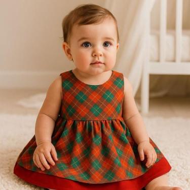 Imagem de Vestido Luxo Xadrez com Laço Para Bebê Menina Festa Aniversário Natal 