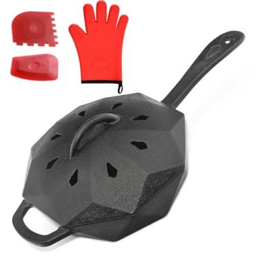 Imagem de Aurionix Frigideira de ferro fundido com tampa, panelas de ferro fundido pré-temperadas, caixa de defumador para fogo aberto, forno, fogão, conjunto de panelas seguro para churrasqueira + raspador