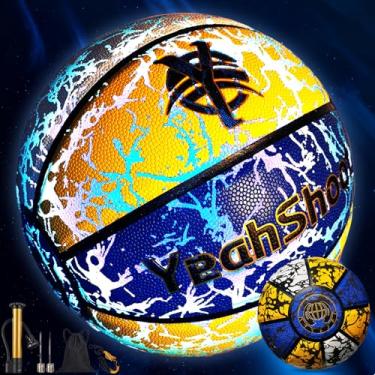 Imagem de YeahShoot Bola de basquete refletiva, 29,5 polegadas, design que brilha no escuro, basquete juvenil iluminado com bomba, azul amarelo branco (amarelo, azul e branco, tamanho 7/75 cm)