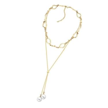 Imagem de Colar Duplo Pérola Shell Branca Dourado Semijoia Lizzy Fatin