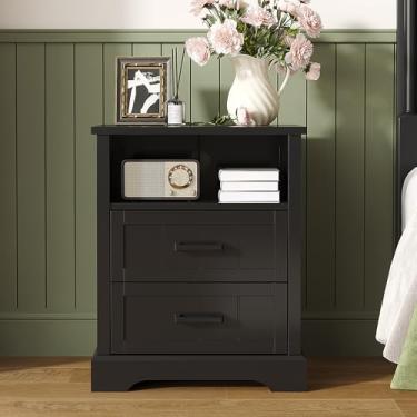 Imagem de ChooChoo Mesa de cabeceira com estação de carregamento, suporte de cabeceira moderno para quarto, criado-mudo de fazenda com 2 gavetas, preto