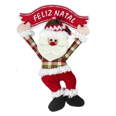 Imagem de Enfeite de Pendura de Papai Noel Natal Decorativo Pelúcia Festiva com Placa Feliz Natal Vermelho e Branco Estilo Rústico Xadrez