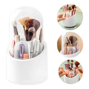 Imagem de Genérico Organizador de Pincéis Giratório 360°, Plástico Branco, 8 Compartimentos, Base Antiderrapante, 35x25x5 cm