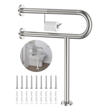 Imagem de Barra de apoio para vaso sanitário com perna de 61 x 71 cm, barra de suporte de banheiro serrilhada de níquel escovado ZUEXT com suporte de papel higiênico, trilho de suporte de banheiro montado na