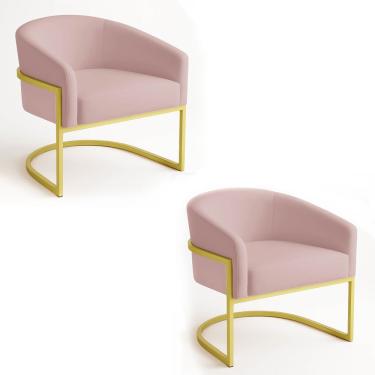 Imagem de Poltrona Sala Decorativa Ndustrial Dourada Kit 2 Arielle Veludo Rosê
