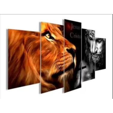 Imagem de Kit quadro decorativo 5 peças 95x60cm leão jesus paz cristo