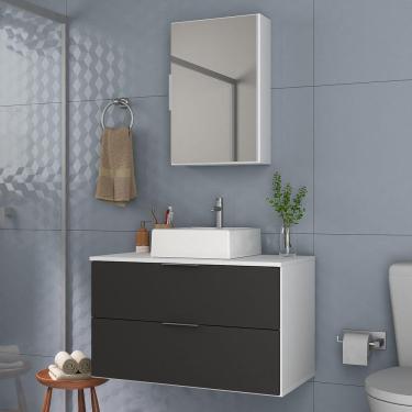 Imagem de Conjunto Gabinete Banheiro Rubi 80cm - Gabinete + Cuba + Espelheira Branco Preto