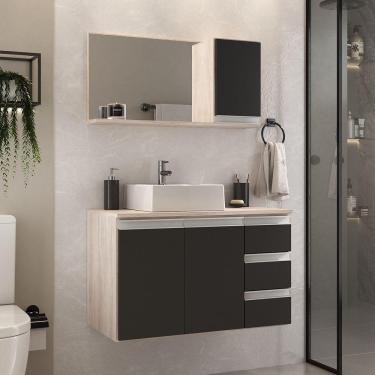 Imagem de Conjunto Gabinete Banheiro Prisma 80cm Gabinete + Cuba + Espelheira Madeirado Preto