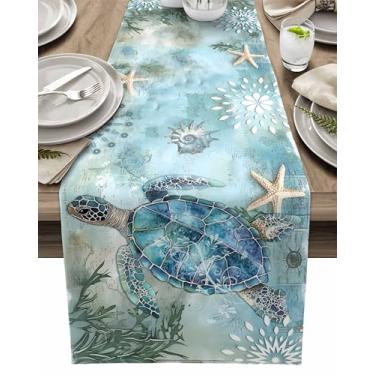 Imagem de Caminho de mesa náutico retrô tartaruga marinha estrela do mar, coral, corredor de mesa de linho de algodão, 122 cm de comprimento, cómoda animal oceano, cachecol para cozinha, café, jantar, sofá