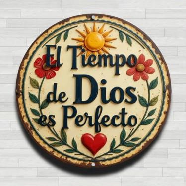 Imagem de El Tiempo De Dios Es Perfecto Sinal Vintage Rústico Alumínio Metal Redondo Placa de Parede, Sem Relógio Real, 20 cm Presentes e Decoração para Casa, Escritório, Café e Quintal