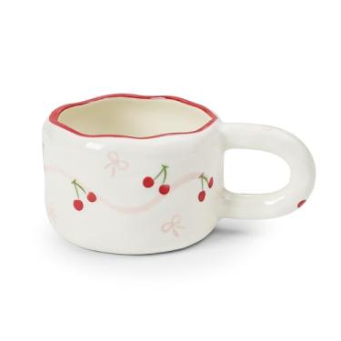 Imagem de Koythin Caneca de café de cerâmica, copo bonito para escritório e casa, copos estéticos 250 ml para chá com leite para mãe, dia dos namorados (fita colorida de cerejeira)