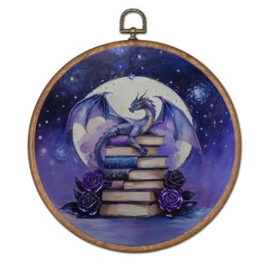 Imagem de TopXmai Arte de parede redonda com dragão roxo fantasia, céu noturno, lua cheia, tela de leitura, arte de parede, decoração mística para pendurar na parede para biblioteca, sala de leitura, casa, 25 x