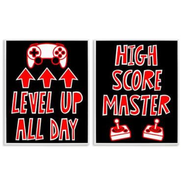 Imagem de Stupell Industries Level Up High Score Gamer Conjunto de arte giclée emoldurado branco de 2 peças, design por Marcus Prime, 76 x 61 cm