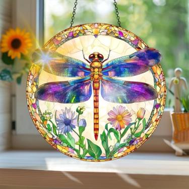 Imagem de Acrílico colorido Suncatcher, apanhador de sol estilo vitral impresso libélula com reflexos de arco-íris, decoração de janela suspensa, decoração de parede, ornamentos de Natal para uso interno e