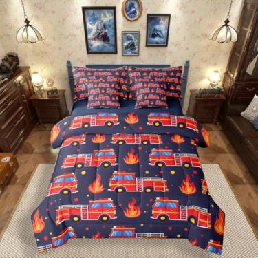 Imagem de Erosebridal Conjunto de cama solteiro com desenho animado de bombeiros de bombeiros vermelhos, 7 peças, para decoração de quarto de crianças, adolescentes e homens, azul escuro, conjunto de cama de
