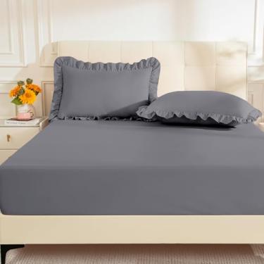 Imagem de KKJIAF Lençóis de cama casal com 2 fronhas de babados, lençol com elástico de microfibra escovada com bolso profundo de 40,6 cm, lençóis de cama respiráveis confortáveis, cinza (sem lençol de cima)
