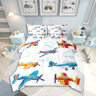 Imagem de Erosebridal Jogo de cama de casal de aeronaves coloridas, 7 peças, desenho animado, avião a hélice, avião, edredom com lençóis, cama temática de aviação em uma bolsa para meninos, crianças, meninas e