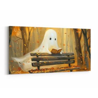 Imagem de Arte de parede de fantasma de outono para sala de estar 96 cm C x 48 cm L, decoração de parede de livro fantasma assustador de desenho animado para quarto escritório, selva natural folhas de bordo