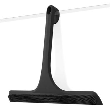 Imagem de Rodo de chuveiro de silicone 2 em 1 com gancho, design de dupla face com superfície raspadora e esfrega, núcleo inoxidável à prova de ferrugem, rodo de banheiro sem riscos para portas de vidro