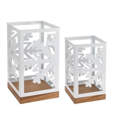 Imagem de Boston International Lanterna/suporte de vela lanternas internas de metal decorativo para lareira de mesa, conjunto de 2, flocos de neve brancos