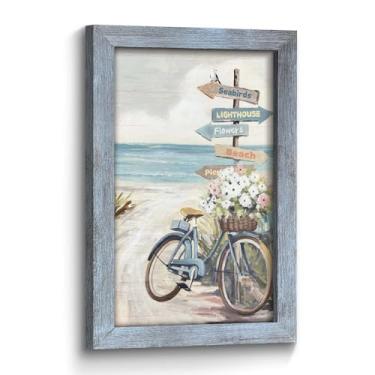 Imagem de Arte de parede paisagem marítima da praia do quarto: bicicleta costeira tropical litorânea com flores placas de praia cenário rústico impressões emolduradas em madeira imagem oceano litoral pintura