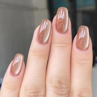 Imagem de 24 unidades de unhas postiças olho de gato, ponta francesa, unhas quadradas curtas, unhas postiças de cor sólida com glitter com adesivos de cola, acrílico natural reutilizável, cobertura completa