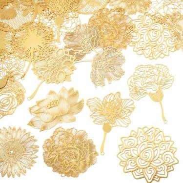 Imagem de Magibeads Pingentes grandes de flores de filigrana de latão, 24 peças, enfeites de metal vazado, pingentes banhados a ouro 18 K, lótus para marcador, carrilhão de vento, apanhador de sol, chaveiros