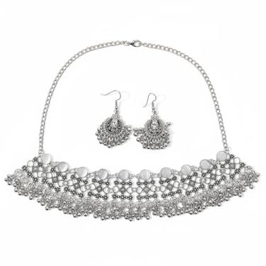 Imagem de Conjunto de joias estilo indiano antigo para mulheres com contas bola borla olho de gato tradicional oxidado étnico Bollywood fio largo gargantilha colar gancho argola brincos brincos boho noiva