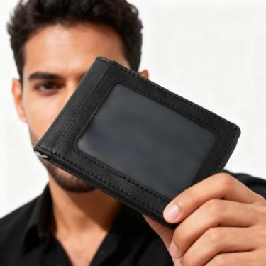 Imagem de Carteira masculina durável de couro bronzeado, carteira dupla clássica com compartimentos para cartão e compartimento para notas, presente elegante para homens, Preto C, Atemporal