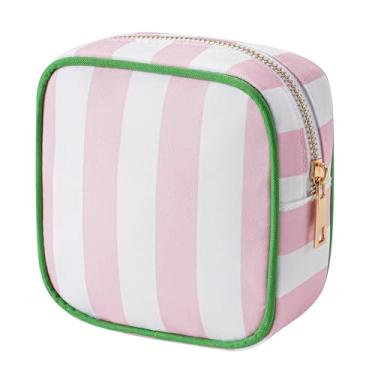 Imagem de RSRSLEII Bolsa de maquiagem listrada pequena para bolsa, mini bolsa de cosméticos com zíper, linda bolsa de cosméticos para mulheres e meninas, bolsa de batom com bolso para chave, porta-cartões