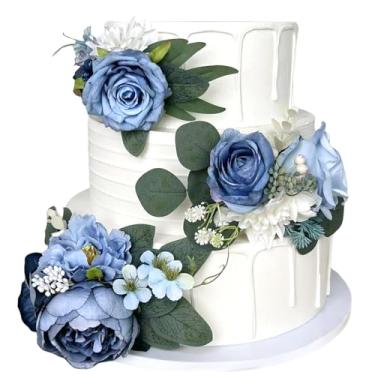 Imagem de Flores de seda azul empoeirado pré-fabricadas para decoração de bolos azul marinho azul real artificial rosa peônia casamento decoração floral falso aniversário festa arranjos mesa